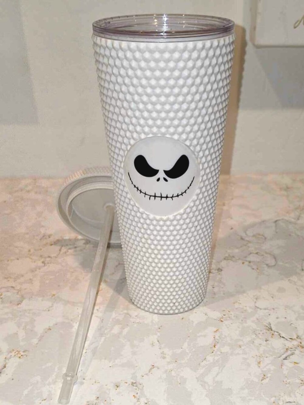 Jack Skellington Inspired White Studded Drink Tumbler 24 Oz W/Lid & Straw